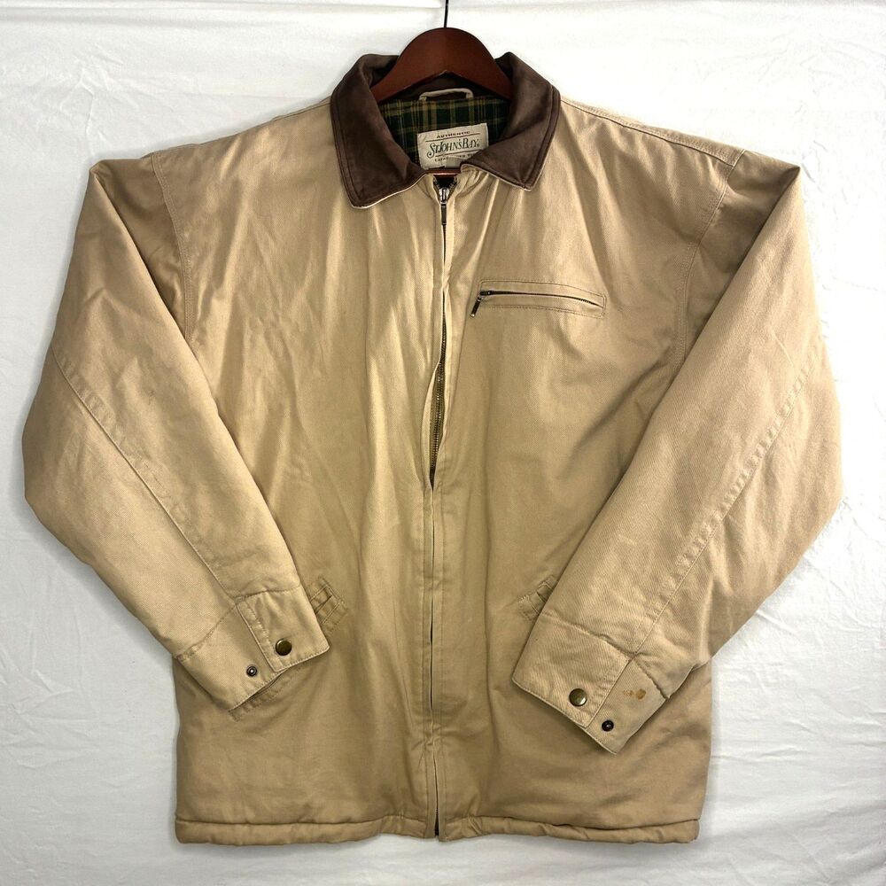 Vintage St John's Bay Barn Jacket Mens L 100% Cotton Leather Collar Plaid Lined